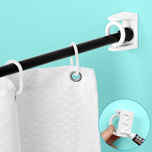 Funnacle Adhesive Shower Rod Holder 360° Swivel Ring Curtain Rod Bracket No Drilling for Bathroom Kitchen Bathroom| Rod End Diameter up to 1 inch (2PCS White)