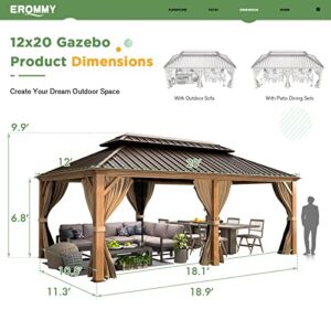 EROMMY 12' x 20' Gazebo, Wooden Finish Coated Aluminum Frame Canopy with Double Galvanized Steel Hardtop Roof, Outdoor Permanent Metal Pavilion with Curtains and Nettings for Patio, Backyard and Deck