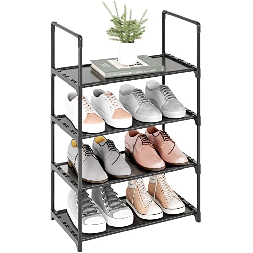 Yegazte Upgrade Stackable Small Shoe Rack, 4-Tier Nonwoven Shoe Storage Organizer with Handle for Entryway, Hallway and Closet （Black）