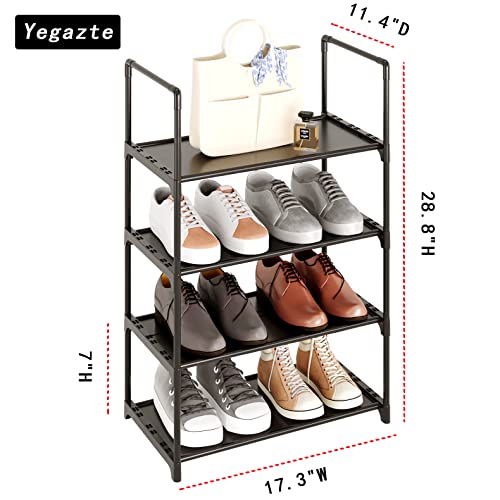 Yegazte Upgrade Stackable Small Shoe Rack, 4-Tier Nonwoven Shoe Storage Organizer with Handle for Entryway, Hallway and Closet （Black）