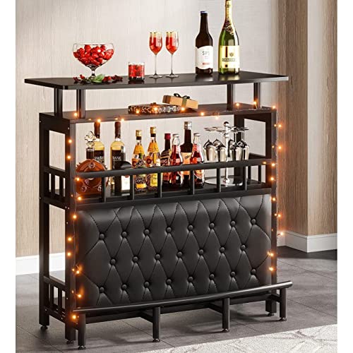 Bar Unit for Home with Storage Black Industrial Rectangular Metal Wood Finish