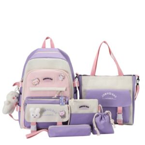 dahuoji kawaii backpack set 5pcs aesthetic backpack for school teens girls daypack large with pendants and pins, pen case, tote bag, small bag(purple)