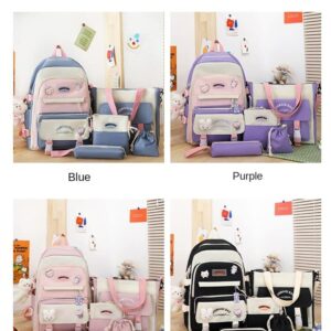 DAHUOJI Kawaii Backpack Set 5pcs Aesthetic Backpack for School Teens Girls Daypack Large with Pendants and Pins, Pen Case, Tote Bag, Small Bag(Purple)