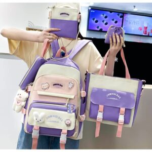 DAHUOJI Kawaii Backpack Set 5pcs Aesthetic Backpack for School Teens Girls Daypack Large with Pendants and Pins, Pen Case, Tote Bag, Small Bag(Purple)