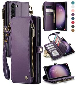 defencase galaxy s23 plus wallet case, rfid blocking pu leather, magnetic flip & zipper card holder - fashion purple