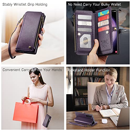 Defencase Galaxy S23 Plus Wallet Case, RFID Blocking PU Leather, Magnetic Flip & Zipper Card Holder - Fashion Purple