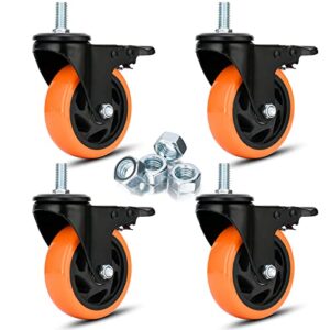 4 inch caster wheels 2200lbs, threaded stem casters set of 4 heavy duty, 1/2"-13 x 1" (screw diameter 1/2", stem length 1"), safety dual locking industrial castors, wheels for cart, furniture
