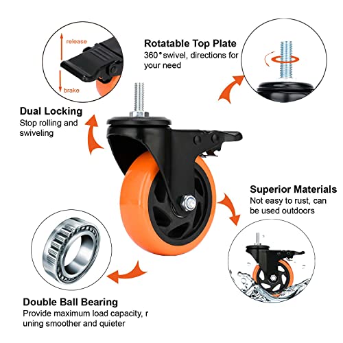 4 Inch Caster Wheels 2200Lbs, Threaded Stem Casters Set of 4 Heavy Duty, 1/2"-13 x 1" (Screw Diameter 1/2", Stem Length 1"), Safety Dual Locking Industrial Castors, Wheels for Cart, Furniture