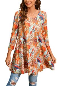 enmain women's tunics tops plus size loose fit 3/4 sleeve top dressy casual swing paisley floral orange crewneck hide belly tunic tops to wear with leggings
