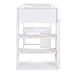 Harper & Bright Designs Twin Loft Bed with Desk and Bookshelf, Solid Wood Loft Bed Frame with Storage Drawers, 14.6" Height Full Length guardrail, for Kids Teens Adults (Twin Size, White)