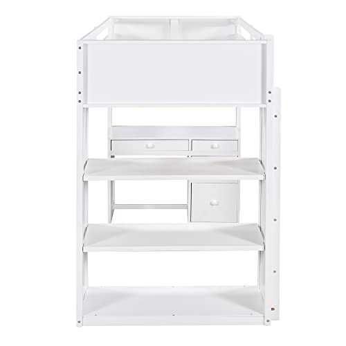 Harper & Bright Designs Twin Loft Bed with Desk and Bookshelf, Solid Wood Loft Bed Frame with Storage Drawers, 14.6" Height Full Length guardrail, for Kids Teens Adults (Twin Size, White)