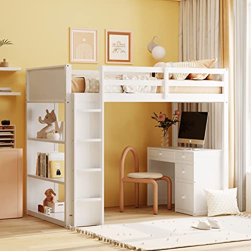 Harper & Bright Designs Twin Loft Bed with Desk and Bookshelf, Solid Wood Loft Bed Frame with Storage Drawers, 14.6" Height Full Length guardrail, for Kids Teens Adults (Twin Size, White)