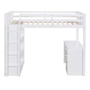 Harper & Bright Designs Twin Loft Bed with Desk and Bookshelf, Solid Wood Loft Bed Frame with Storage Drawers, 14.6" Height Full Length guardrail, for Kids Teens Adults (Twin Size, White)