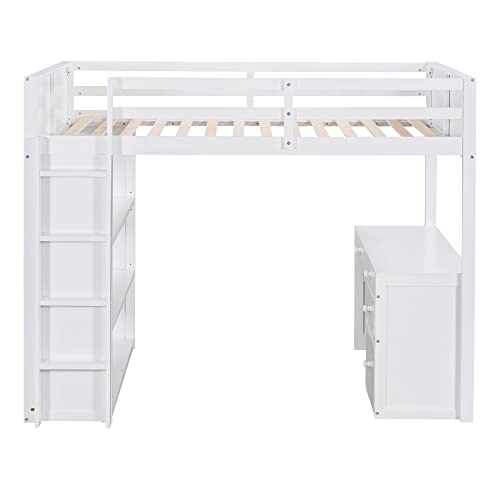 Harper & Bright Designs Twin Loft Bed with Desk and Bookshelf, Solid Wood Loft Bed Frame with Storage Drawers, 14.6" Height Full Length guardrail, for Kids Teens Adults (Twin Size, White)