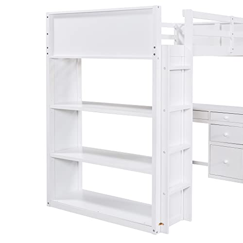 Harper & Bright Designs Twin Loft Bed with Desk and Bookshelf, Solid Wood Loft Bed Frame with Storage Drawers, 14.6" Height Full Length guardrail, for Kids Teens Adults (Twin Size, White)