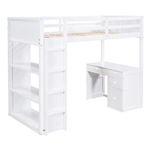 Harper & Bright Designs Twin Loft Bed with Desk and Bookshelf, Solid Wood Loft Bed Frame with Storage Drawers, 14.6" Height Full Length guardrail, for Kids Teens Adults (Twin Size, White)