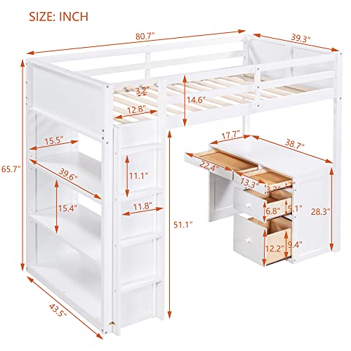 Harper & Bright Designs Twin Loft Bed with Desk and Bookshelf, Solid Wood Loft Bed Frame with Storage Drawers, 14.6" Height Full Length guardrail, for Kids Teens Adults (Twin Size, White)