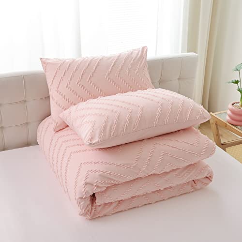 YIRDDEO Pink Comforter Queen Size 3Pcs, Boho Chevron Comforter Set Queen Blush Farmhouse Bedding Sets Queen, Vertical Tufted Comforter, Lightweight Neutral Boho Bed Set (1 Comforter, 2 Pillowcases)