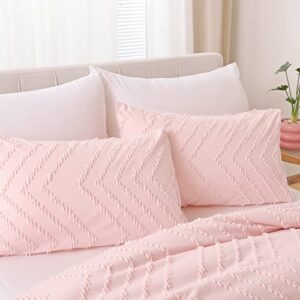 YIRDDEO Pink Comforter Queen Size 3Pcs, Boho Chevron Comforter Set Queen Blush Farmhouse Bedding Sets Queen, Vertical Tufted Comforter, Lightweight Neutral Boho Bed Set (1 Comforter, 2 Pillowcases)