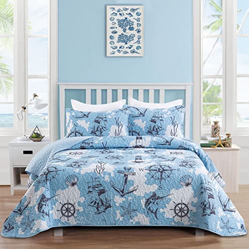 Dinjoy Nautical Ocean Quilt Set Queen Size, Blue Beach Coastal Themed Bedding Set Lighthouse Anchor Sailboat Pattern Microfiber Lightweight Summer Bedspread Coverlet Bed Set All Season