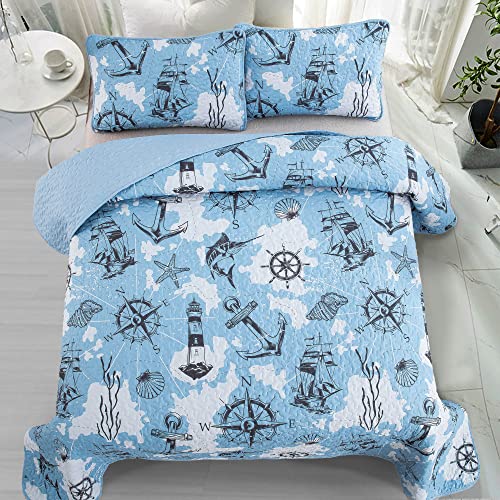 Dinjoy Nautical Ocean Quilt Set Queen Size, Blue Beach Coastal Themed Bedding Set Lighthouse Anchor Sailboat Pattern Microfiber Lightweight Summer Bedspread Coverlet Bed Set All Season