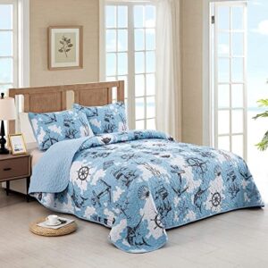 Dinjoy Nautical Ocean Quilt Set Queen Size, Blue Beach Coastal Themed Bedding Set Lighthouse Anchor Sailboat Pattern Microfiber Lightweight Summer Bedspread Coverlet Bed Set All Season