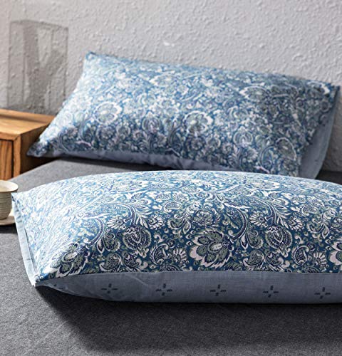 SLEEPBELLA Duvet Cover King, 600 Thread Count Cotton Blue & Green Paisley Floral Pattern Reversible Comforter Cover