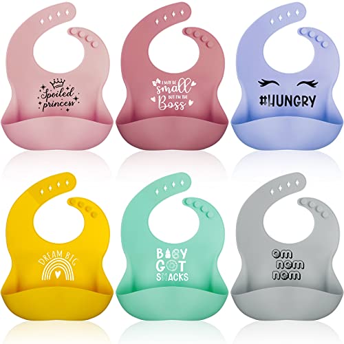 Hoosige 6 Pcs Funny Silicone Baby Bibs for Baby Girls, Waterproof Baby Silicone Bibs for Toddlers 1-3, Cute Newborn Bibs Adjustable Baby Feeding Bibs with Pouch for Girls Baby Shower Gifts, 6 Design