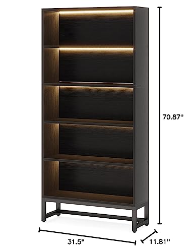 LED Bookcase, 70.8” Tall Bookshelf with Closed Back Shelf, 5-Tier Large Bookcases Organizer with Storage Shelves, Heavy Duty Freestanding Library Book Cases Shelving Unit for Living Room, Bedroom