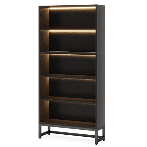 LED Bookcase, 70.8” Tall Bookshelf with Closed Back Shelf, 5-Tier Large Bookcases Organizer with Storage Shelves, Heavy Duty Freestanding Library Book Cases Shelving Unit for Living Room, Bedroom