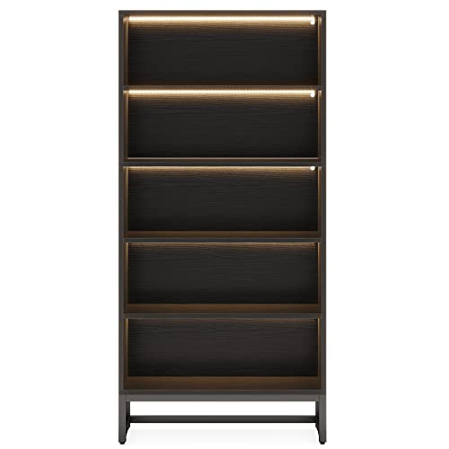 LED Bookcase, 70.8” Tall Bookshelf with Closed Back Shelf, 5-Tier Large Bookcases Organizer with Storage Shelves, Heavy Duty Freestanding Library Book Cases Shelving Unit for Living Room, Bedroom