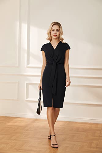 Short Sleeve Summer Business Casual Dresses for Women Tie Front Midi Pencil Dresses for Work Office Slit V-Neck Pencil Dresses Black M