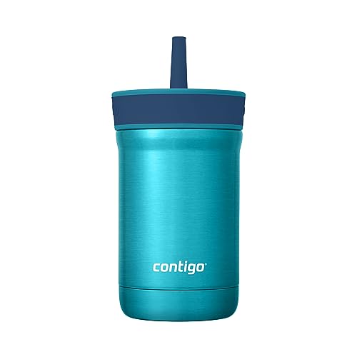 Contigo Leighton Vaccum-Insulated Kids Water Bottle with Spill-Proof Lid and Straw, 12oz Stainless Steel Water Bottle with Straw for Kids, Keeps Drinks Cold up to 13 Hours, Juniper/Blueberry