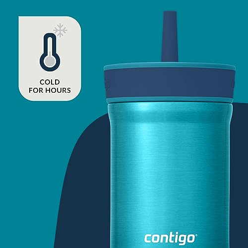 Contigo Leighton Vaccum-Insulated Kids Water Bottle with Spill-Proof Lid and Straw, 12oz Stainless Steel Water Bottle with Straw for Kids, Keeps Drinks Cold up to 13 Hours, Juniper/Blueberry