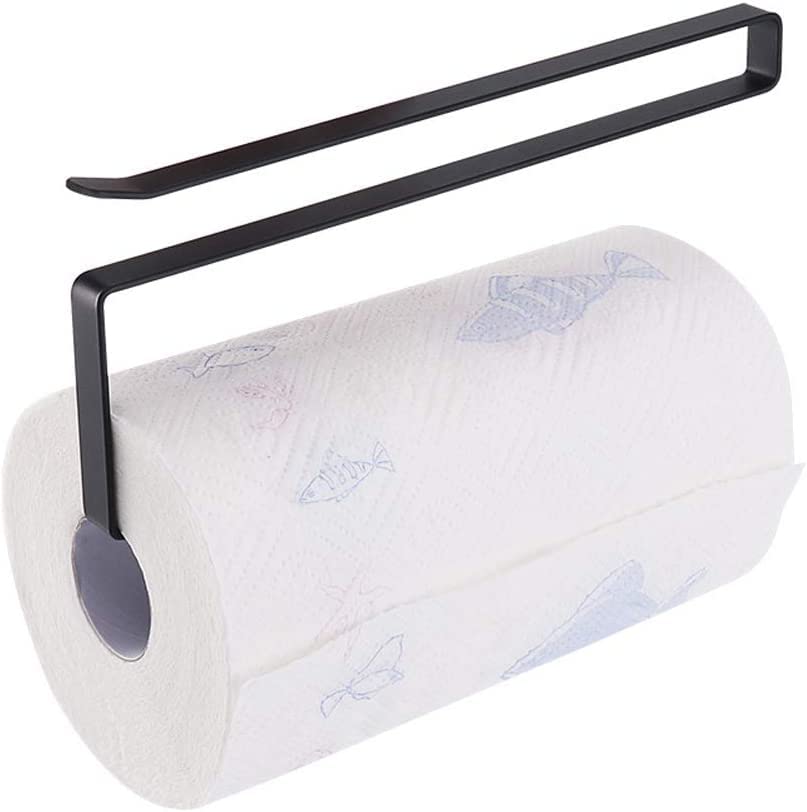 Paper Towel Holder Dispenser Under Cabinet Paper Roll Holders (NO Drilling) for Kitchen Bathroom, Hanging Paper Towel Rack Hanger Over The Door, Humanized Design (Black)