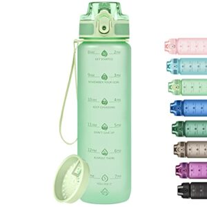 alwager 32oz motivational water bottles with time marker & fruit strainer, single color water bottle with times to drink, leakproof & bpa free, reusable plastic bottle with strap (no straw)