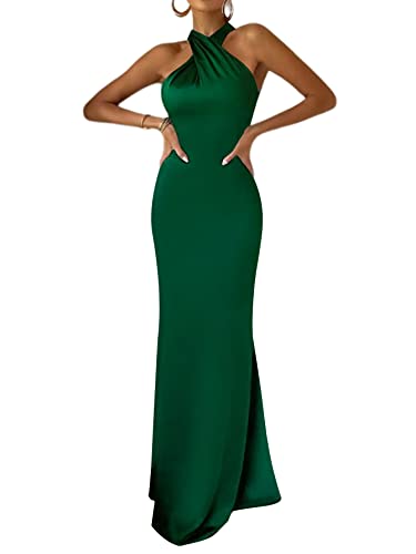 Rooscier Women's Satin Halter Neck Sleeveless Backless Ruched Mermaid Prom Maxi Dress Solid Dark Green Medium