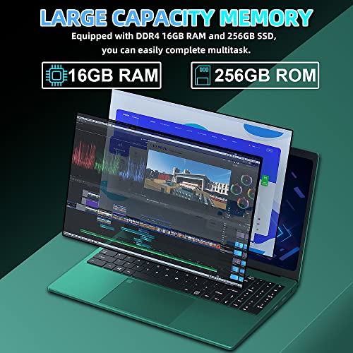 【Win 11 Pro/Office 2019】16 inch Laptop Narrow Bezels FHD (1920*1200) IPS Display, High Performance Celeron N5105 CPU, 16GB RAM, 256GB SSD, with Full Size Numeric Backlit KB, Dark Green (16G+256G SSD)