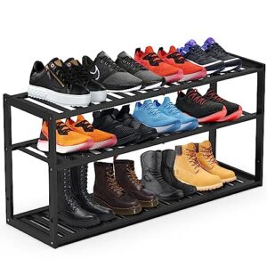 jripae bamboo shoe rack for closet, 3-tier longer stackable dampproof black shoe organizer free standing shoe racks for entryway closet hallway waterproof