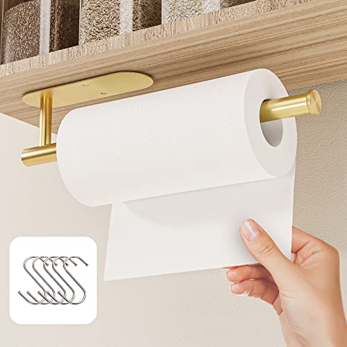 Youdian Gold Paper Towel Holder Under Cabinet,Under Counter Paper Towel Holder Wall Mount for Kitchen Bathroom Organization Storage,Adhesive and Screws,Stainless Steel,13 inch with 5 Hooks