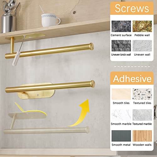 Youdian Gold Paper Towel Holder Under Cabinet,Under Counter Paper Towel Holder Wall Mount for Kitchen Bathroom Organization Storage,Adhesive and Screws,Stainless Steel,13 inch with 5 Hooks