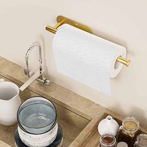 Youdian Gold Paper Towel Holder Under Cabinet,Under Counter Paper Towel Holder Wall Mount for Kitchen Bathroom Organization Storage,Adhesive and Screws,Stainless Steel,13 inch with 5 Hooks