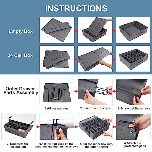 Carry360 2 Pack Sock Underwear Drawer Organizer Dividers, 24 Cell Fabric Foldable and Washable Cabinet Closet Organizers with Adjustable Clips for Clothes, Socks, Underwear (Gray)