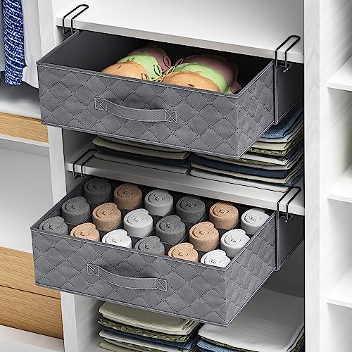 Carry360 2 Pack Sock Underwear Drawer Organizer Dividers, 24 Cell Fabric Foldable and Washable Cabinet Closet Organizers with Adjustable Clips for Clothes, Socks, Underwear (Gray)