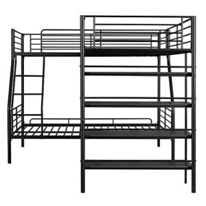 Eafurn L-Shaped Metal Bunk Bed for 3, Twin Over Full Bunk Bed and Twin Size Loft Bed with Four Built-in Storage Shelves for Kids Teens Adults