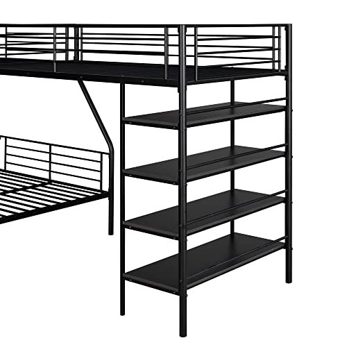 Eafurn L-Shaped Metal Bunk Bed for 3, Twin Over Full Bunk Bed and Twin Size Loft Bed with Four Built-in Storage Shelves for Kids Teens Adults