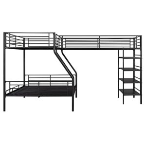 Eafurn L-Shaped Metal Bunk Bed for 3, Twin Over Full Bunk Bed and Twin Size Loft Bed with Four Built-in Storage Shelves for Kids Teens Adults