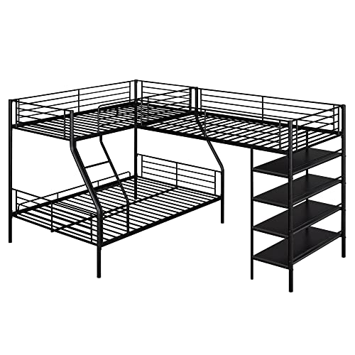 Eafurn L-Shaped Metal Bunk Bed for 3, Twin Over Full Bunk Bed and Twin Size Loft Bed with Four Built-in Storage Shelves for Kids Teens Adults