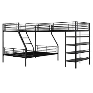 Eafurn L-Shaped Metal Bunk Bed for 3, Twin Over Full Bunk Bed and Twin Size Loft Bed with Four Built-in Storage Shelves for Kids Teens Adults