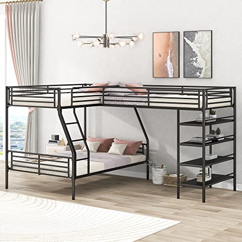 Eafurn L-Shaped Metal Bunk Bed for 3, Twin Over Full Bunk Bed and Twin Size Loft Bed with Four Built-in Storage Shelves for Kids Teens Adults